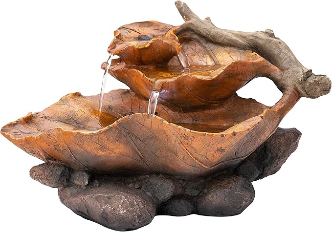 Alpine Corporation 9" Tall Indoor Tabletop Tiered Leaf Hand-Painted Fountain with LED Lights