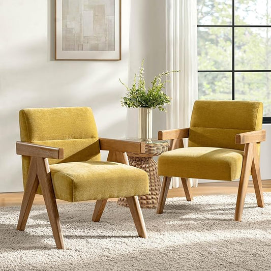 HULALA HOME Modern Accent Chair, Upholstered Arm Chair with Solid Wood Frame, Comfortable Padded Seat and Back, for Living Room, Bedroom Set of 2, Mustard