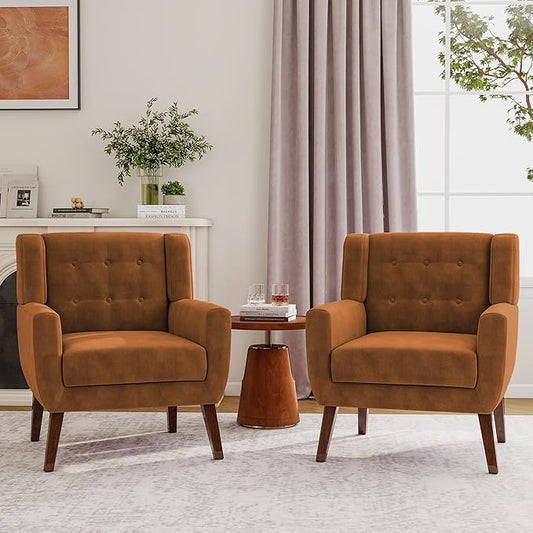 Lumibee Accent Chairs Set of 2, Velevet Fabric Armchairs for Living Room, Comfy Upholstered Arm Chairs Tufted for Indoor Bedroom Office Room (Orange Velvet)