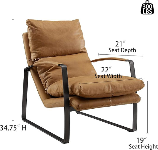 Art Leon Set of 2 Genuine Leather Accent Chairs, Mid Century Modern Lounge Chair Living Room Sofa Chair with Black Metal Frame, Light Brown