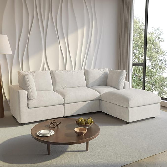 Cloud Sectional Couches for Living Room,100.5" Convertible L Shaped Couch with Ottoman, 4 Seater Modular Sectional Sofa,Deep Seater Furniture Sets,Beige