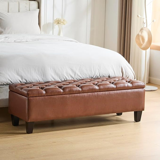 Christopher Knight Home Ottilie Faux Leather Storage Ottoman Bench, Wooden Rectangular Ottoman with Storage, Bedroom End of Bed Foot Stool, Entryway Ottoman Footrest, Living Room Extra Seat, Brown