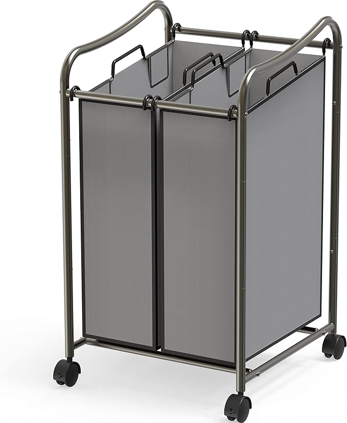 Simple Houseware 2-Bag Heavy Duty Rolling Laundry Sorter Cart, Dark Gray – 2 Section Removable Bags and Lockable Wheels for Laundry Room Organization