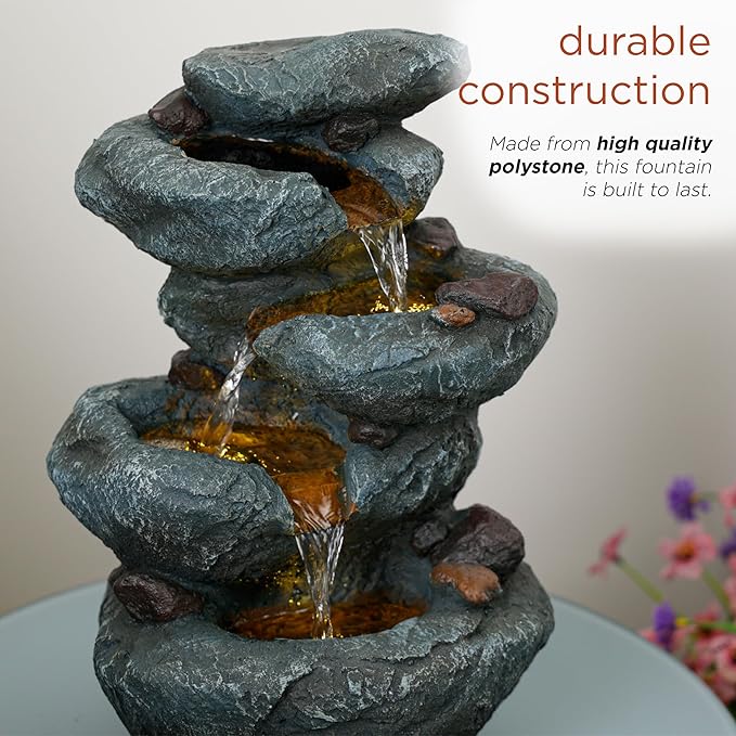 Alpine Corporation TZL418 14" 3 Tier Rock Fountain with LED Lights, Elegant Cascading Water Feature for Tabletop, Indoor Decor, Relaxing Stone Waterfall for Home & Office, Gray