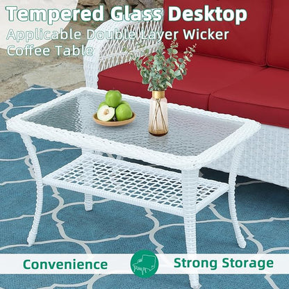 VIVIJASON 4-Piece Outdoor Patio White Wicker Conversation Sets, All Weather Outdoor Rattan Furniture Set Includes Glider Loveseat, Coffee Table, 2 Rocking Chairs with Cushions for Backyard, Red