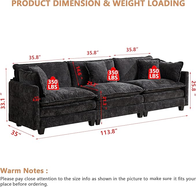 Aoowow Modular Sectional 3 Seater Cloud Sofa Couch for Living Room,113.8" Cloud Sofas with Deep Seat,Modern Chenille 3 Seat Sofas,Fluffy Cloud Couches for Bedroom,Apartment,Office (Black, 3 Seater)