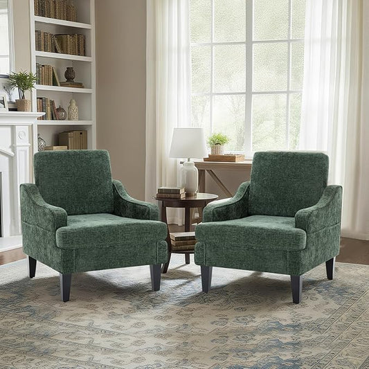Modern Accent Chairs Set of 2 Upholstered Reading Chair for Bedroom with Side Pockets Comfy Living Room Chairs Living Room Oversized Armchair for Office, Apartment (Green Chenille)