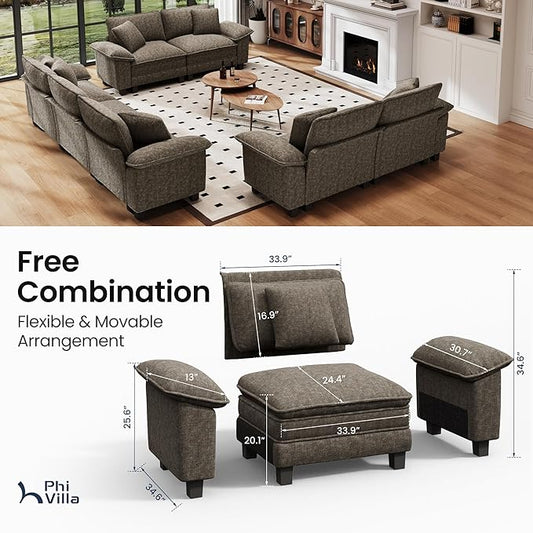 PHI VILLA Cloud Modular Couches Sets, 3 Pieces Large Sectional Sofa Set with Loveseats, 7-Seater Upholstered Couch for Living Room, Chenille Fabric, Smoky Grey