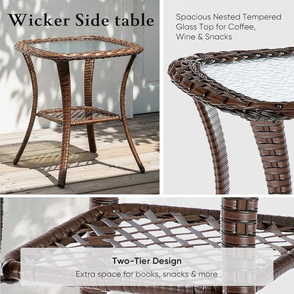 Belord Luxury 6" Thick Cushioned 5 Pieces Patio Furniture Set with Fire Pit Table, Wicker Outdoor Conversation Set with High Back Swivel Rocker Chairs for Deck Porch Yard and Poolside - Brown+Beige