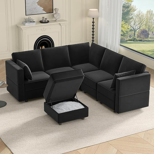 Vesgantti Sectional Couches with Storage Seats, 92" L Shaped Convertible Modular Sectional Sofa, 5 Seat & 1 Ottoman Velvet Storage Chaises Deep Seat Couch for Living Room, Bedroom, Apartment, Black