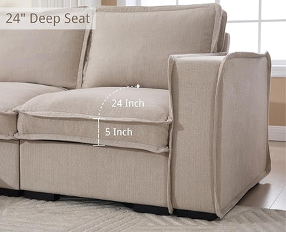 EALSON 119" Modular Sectional Sofa Comfy Cloud Couch with Ottoman Modern Convertible L Shape Couches with Wooden Legs Linen Deep Seat Couch 4-Seater Sofa with Ottoman for Living Room/Apartment,Oatmeal