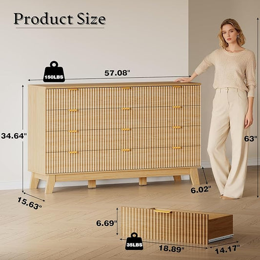 57" Wide Dresser for Bedroom, 12-Drawer Fluted Dresser with Metal Handles, Wood Chest of Drawers with Smooth Slides and Stable Base, Modern Storage Cabinet for Living Room, Nursery