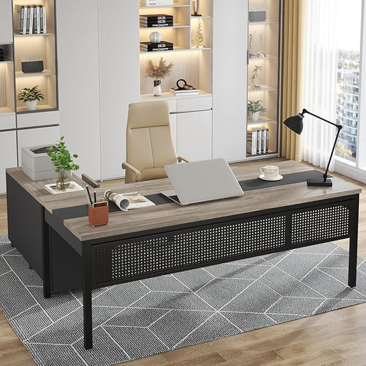 Tribesigns 71 inch Executive Desk, L Shaped Desk with Mobile File Cabinet, Executive Office Table with 2 Drawers and Storage Shelves, Business Furniture Workstation for Home Office, Grey and Black