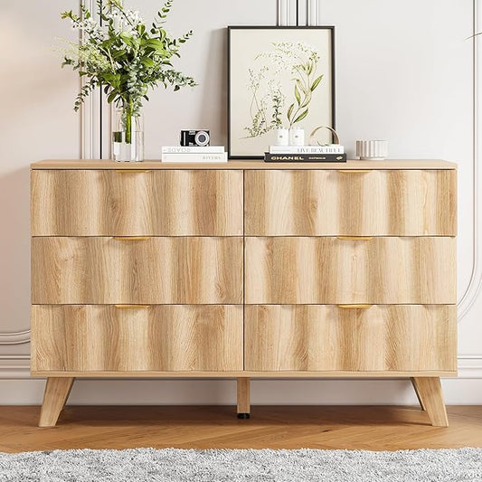 6 Drawer Dresser, Modern Fluted Storage Dresser with Deep Drawers and Metal Handles, Wood Chest of Drawers Storage Organizer for Bedroom, Living Room, Hallway (Natural)