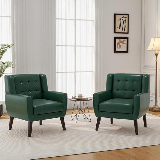 Accent Chair, Mid-Century Modern PU Leather Chairs with Arms for Living Room, Comfy Upholstered Club Single Sofa Armchair for Bedroom Waiting Room with Solid Wood Frame（Leather Green, Set of 2)