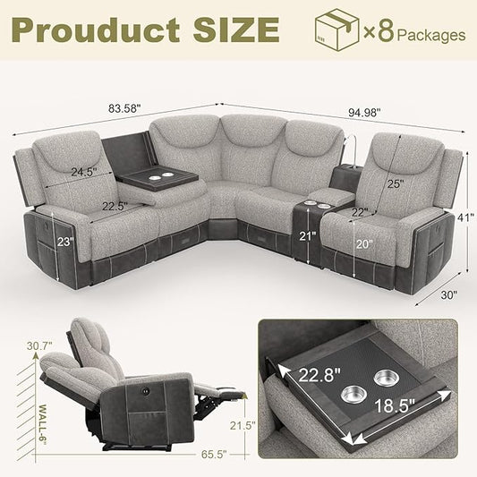 Home Theater Seating, Manual Recliner Sectional Sofa for Living Room, 5 Seater Reclining Sectional Couch with Flip-Up Backrest, Storage Console, USB Ports, Grey Linen & Chocolate Leather