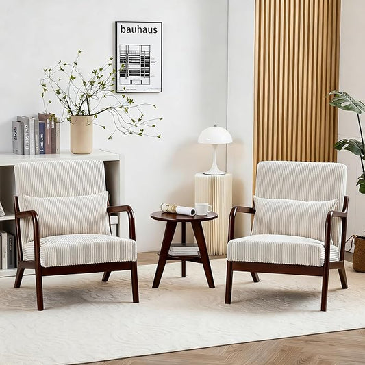 Accent Chairs, Set of 2 Mid-Century Modern Chair with Pillow, Armchair with Solid Wood, Reading Relaxing Leisure Chair for Living Room（White）