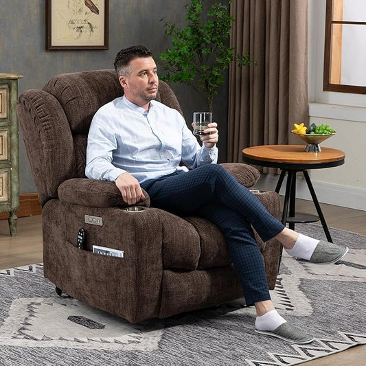 Power Lift Recliner Chair, 350lb Capacity with 8-Point Massage & Heating, USB/Type-C Ports & Cup Holders, Heavy Duty Chenille Recliner for Elderly, Brown