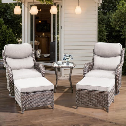 HUMMUH Wicker Patio Furniture High Back Swivel Rocker Patio Chairs Outdoor Bistro Set with Ottomans Side Table for Porch Garden Deck