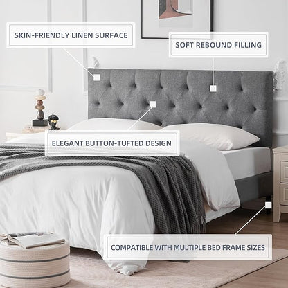 Linen Upholstered Headboard Twin Size, Diamond Tufting Solid Wood Twin XL Headboard Only, Adjustable Height from 37” to 51” Head Board, Dorm Bed Frame or Wall Mount Headboards, Light Grey