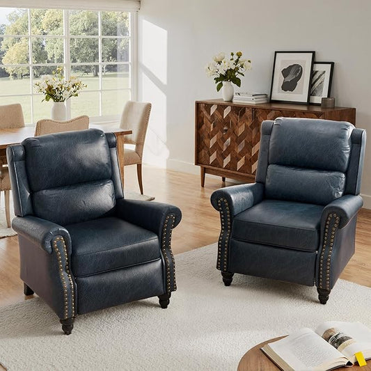 Lumibee Pushback Recliner Chair,Upholstered Wingback Chair for Small Spaces,2 Set of PU Leather Armchair for Living Room,Single Sofa Accent Chair Reading Seat for Balcony,Bedroom-Navy Blue