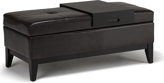 SIMPLIHOME Oregon 42 inch Wide Contemporary Rectangle Storage Ottoman Bench with Tray in Tanners Brown Vegan Faux Leather, Assembled, For the Living Room, Entryway and Family Room