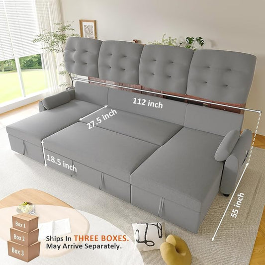 Ucloveria Sleeper Sofa Bed, 112" U Shaped Sectional Sofa Couches for Living Room, Pull Out Couch Bed with Dual Reversible Storage Chaise | Charging Station | Side Pockets | Removable Backrest