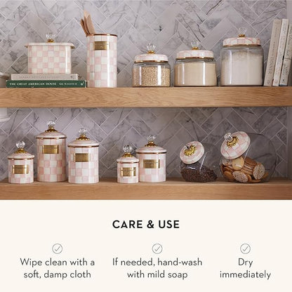 MACKENZIE-CHILDS Rosy Check Kitchen Canister, Decorative Pink-and-White Glass Storage Jar with Lid, Large