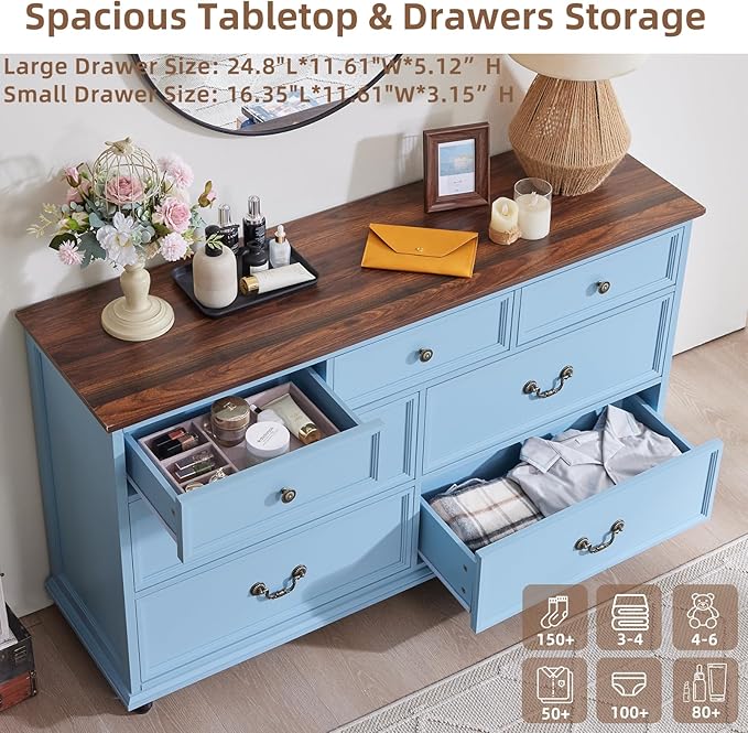 Farmhouse Dresser and Nightstand Sets, Wooden 7 Drawers Dresser & 24" Night Stand with 3 Drawers, 2 Piece Bedroom Furniture Set, Chest of Drawers for Bedroom, Home, Living Room, Hallway