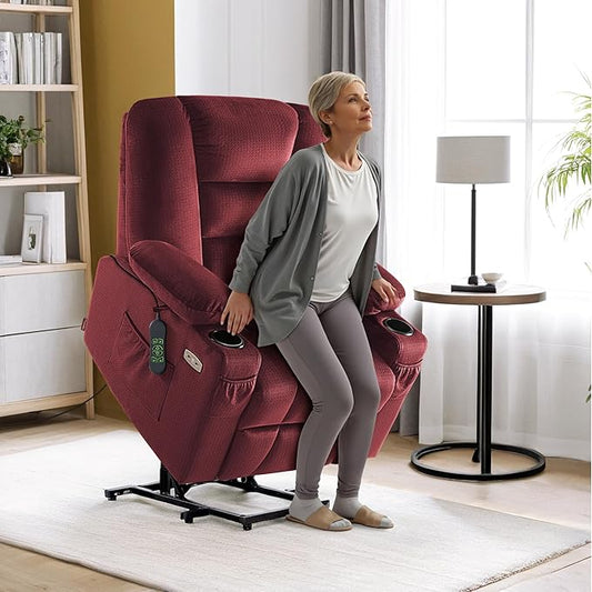 MCombo Small Power Lift Recliner Chair with Massage and Heat for Petite People, Cup Holders, USB Ports, Side Pockets, Fabric 7569 (Small-Regular, Burgundy)