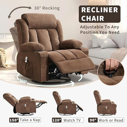 Rocking Recliner Chair with Heat and Massage, Nursery Recliner 360° Swivel Oversized Chairs for Adults, Lazy Boy Single Sofa Seat with 3 Positions, 2 Side Pockets, Cup Holders, and USB Ports, Brown