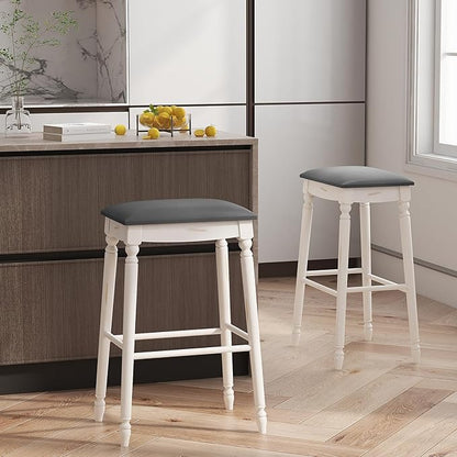 COSTWAY Upholstered Bar Stools Set of 4, 29-Inch Backless Counter Height Dining Stools with Delicate Wood Carving, Footrest, Solid Rubber Wood Frame, Farmhouse BarStools for Kitchen Island Bar, White