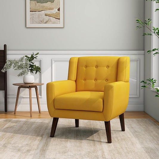 Accent Chair, Mid-Century Modern Fabric Chairs with Arms for Living Room, Comfy Upholstered Club Single Sofa Armchair for Bedroom Waiting Room with Solid Wood Frame (Fabric Yellow, Set of 1)