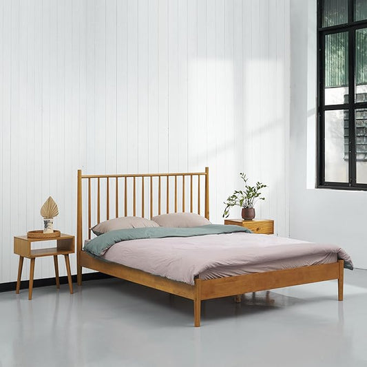 NTC Inno Wooden Bed Frame with Headboard, Solid Oak and Rubber Wood Foundation with Silent Slats and Wood Central Supports, 1000 Lb Capacity, Effortless Assembly, Queen Rustic - Oak