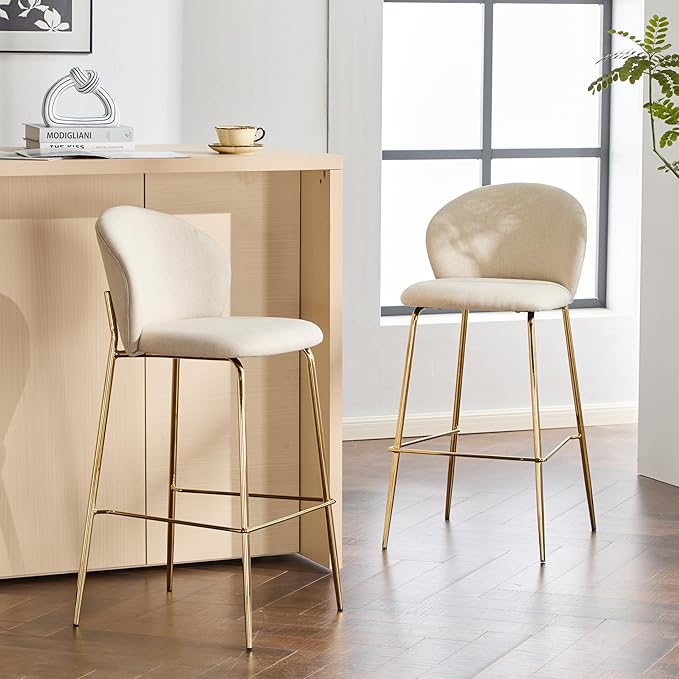 Christopher Knight Home Kira Indoor Upholstered Barstool with Metal Frame Set of 2, Bar Chairs Kitchen Stools, Comfy Fabric Bar Seating for Island Home Office, 29.5''Seat Height, Beige+Gold