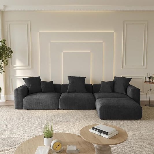 WJShome Cloud Couch Modular Sectional Sofa,141.73inch L Shaped Couch,Oversized Corduroy Couches with Ottoman and Pillows, Black 4 Seaters Cushion Covers Removable& Washable