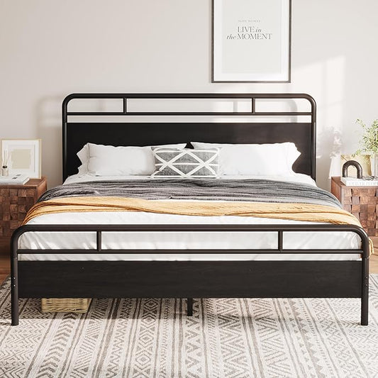 Allewie King Size Platform Bed Frame with Wooden Headboard and Footboard, Heavy Duty 13 Metal Slats Support, Under-Bed Storage, No Box Spring Needed, Noise Free, Easy Assembly, Black Oak