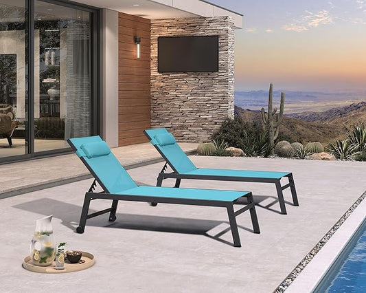 PURPLE LEAF Outdoor Oversized Lounge Chair Set of 3 Patio Chaise Pool Lounger Aluminum Frame with Side Table and Wheels for Outside Sunbathing Tanning Recliner Including Pillows Turquoise Blue
