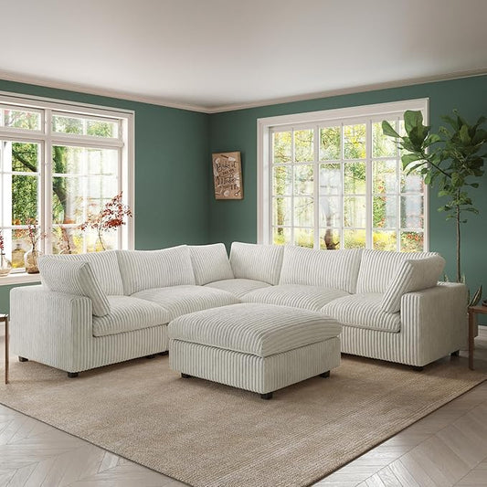 Modular Sectional Sofa, Oversized Cloud Couch, Deep Seat Comfy Modular Couches for Living Room, Ottoman, Plush Couch Cushion Covers Removable, Beige