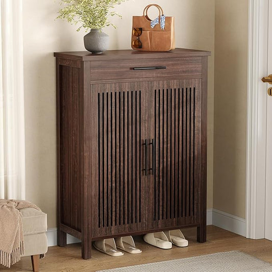 LITTLE TREE Narrow Storage Shoe Rack, 6-Tier Wooden Shoe Cabinet with Drawer, Freestanding Slim Shoe Cabinet Shoe Organizer for Entryway, Hallway, Closet, Bedroom, Living Room, Walnut