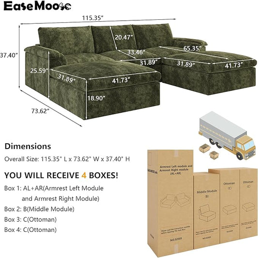EASE MOOSE Oversized Cloud Couch Sectional Sofa, U-Shaped Modular Couch for Living Room, Minimalist Boneless Convertible Couches with Ottoman, 5-Seat Deep Sofas for Bedroom, Chenille (Green)
