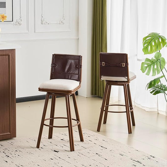 Christopher Knight Home Sibyl Fabric Upholstered Counter Height Bar Stools Set of 2, Metal Stool Chair for Kitchen Island with Faux Leather Backrest, Armless Counter Stool with Footrest, Beige+Walnut
