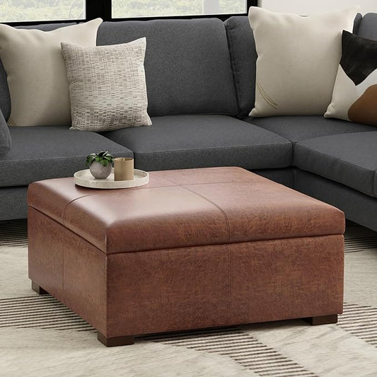 SIMPLIHOME Gabbie 36 inch Wide Contemporary Square Square Coffee Table Storage Ottoman in Distressed Saddle Brown Vegan Faux Leather, Assembled, for The Living Room, Entryway and Family Room