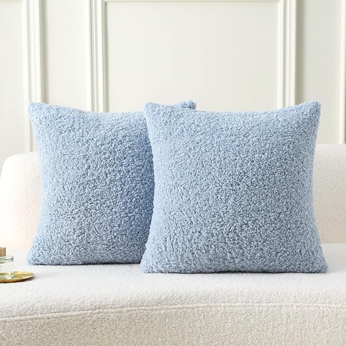 FUTEI Light Blue Throw Pillow Covers 26x26 Inch Set of 2,Furry Faux Fur Teddy Boucle Textured Cushion Covers,Soft Fluffy Decorative Euro Pillow Shams,Home Decor for Couch Bed Living Room Office Car