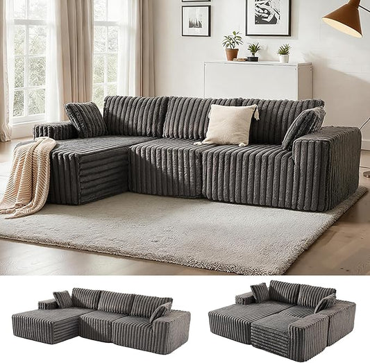 Apicizon 113" Modular Sectional Couch for Living Room, L Shaped Sectional Sofa Couch with Deep Seat, 3 Seat Boneless Sofa with Chaise Longue for Apartment，No Assembly Required (Plush Corduroy Gray)