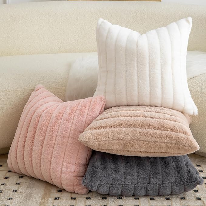 Pack of 2 Faux Fur Throw Pillow Covers 12x20 Inch Striped Decorative Soft Plush Couch Pillow Case Home Decor for Bed, Sofa, Living Room Pink