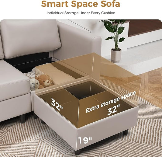 ABCASA Faux Leather Accent Chair with Ottoman,Upholstered Armchair with Storage,Extra-Deep-Seated Modular Single Sofa,Reading Chair with Footrest for Living Room Lounge Chair Whitesand