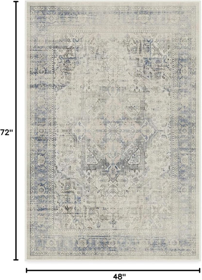 RUGGABLE Washable Vintage Area Rug – Kamran Blue Quartz 4x6, Stain-Resistant, Non-Slip – Medium Machine Washable Rugs for Living Room, Bedroom, Hallway, Entryway & Office–with Standard Pad