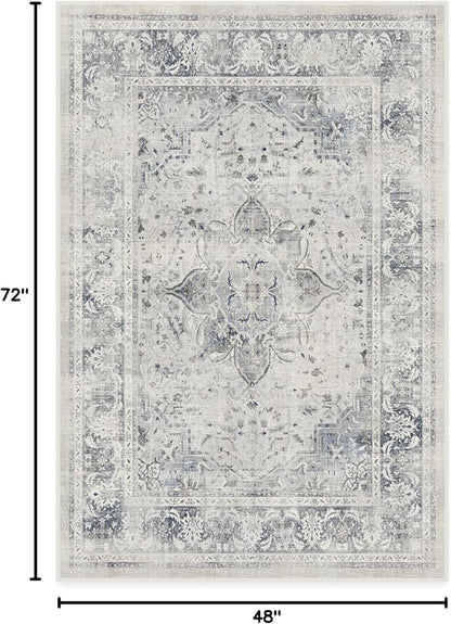 RUGGABLE Washable Vintage Area Rug – Sarrah Blue Quartz 4x6, Stain-Resistant, Non-Slip – Medium Machine Washable Rugs for Living Room, Bedroom, Hallway, Entryway & Office–with Cushioned Pad