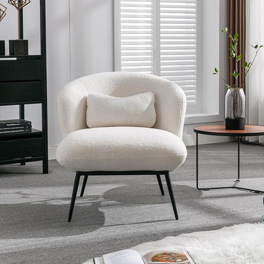 HEAH-YO Modern Accent Chairs Set of 2, Upholstered Sherpa Side Chairs with Barrel Backrest and Metal Legs, Comfy Armless Chair for Living Room Bedroom, White